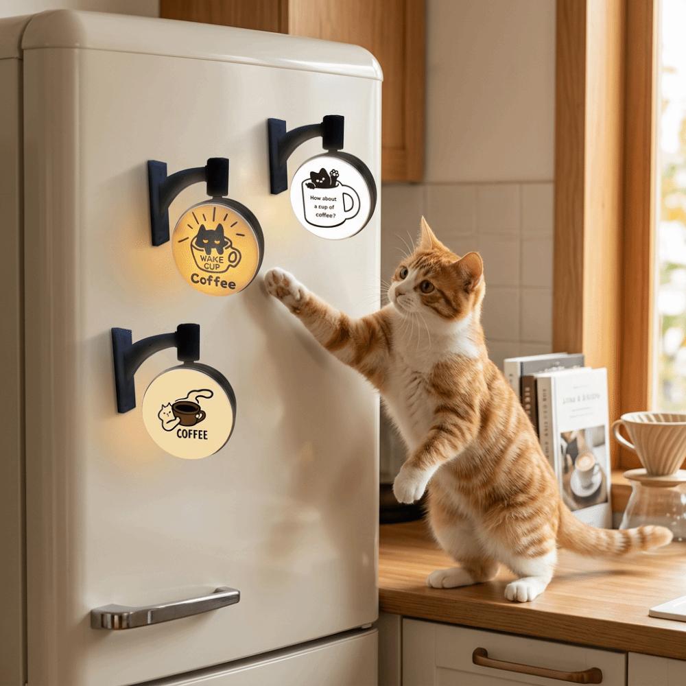 Round Cat Fridge Magnet Light Up Cat Coffee Light Sign Durable Light Sign Refrigerator Decoration