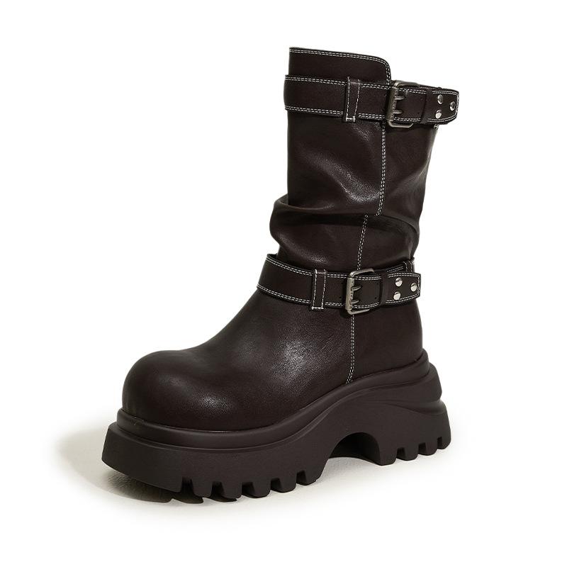 High-heeled Short Boots Women's 2025 Autumn and Winter New British Wind Pleated Piled Boots Belt Buckle Warm Inner Height-increasing Leather Boots