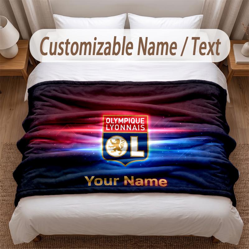 Lyon FC Printed Flannel Blanket Custom Name Text Soft Warm Throw For Bedroom Holiday Gift