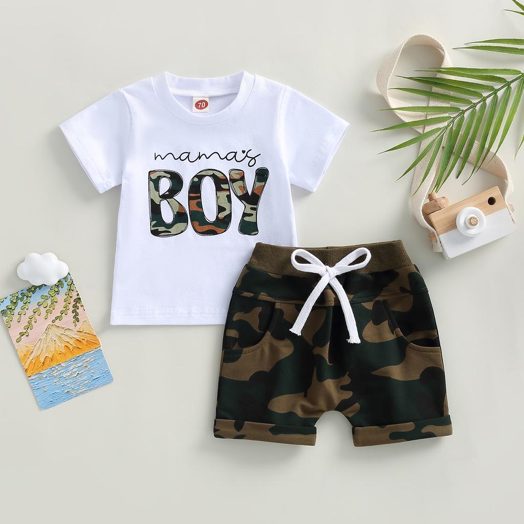 Baby Boys Shorts Set, Short Sleeve Letters Print T-shirt with Camouflage Shorts Summer Outfit
