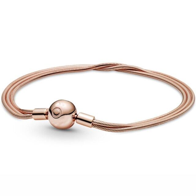 100% стерлингового серебра 925 пробы розовое многокупольное золотое сердце застежка змея цепь гало теннисный браслет подходит для Европы бусины шарм Diy ювелирные изделия