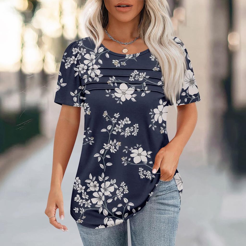 T Shirts For Women Pleated Round Neck Dressy Casual Blouses Printing Short Sleeve Summer Tops Loose Fit