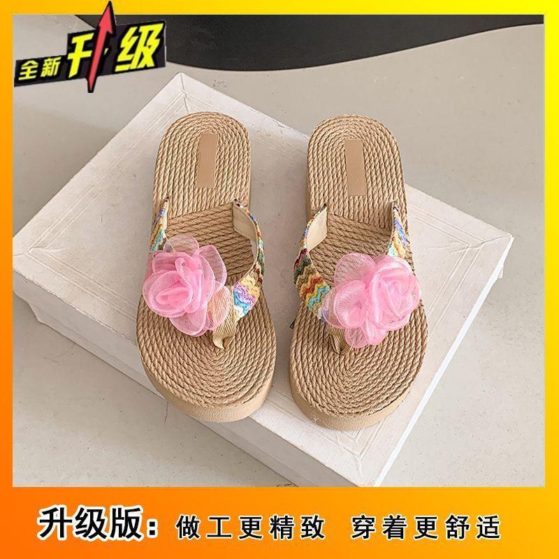 Нишевый дизайн, фееричный стиль, летние шлепанцы для отпуска 2025, новая модная модель, с цветами, на толстой подошве, на танкетке, шлепанцы для девочки