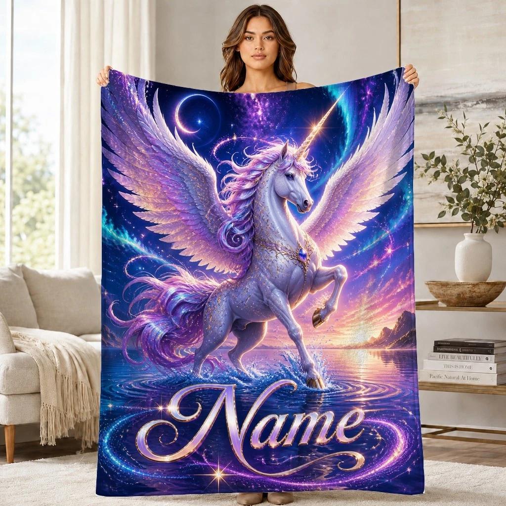 Winged Unicorn With Name Coral Fleece Blanket Fantasy Horse Decor
