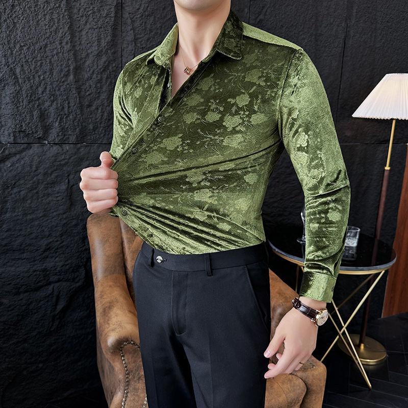 Стрейч Вельвет Рубашка с Длинным Рукавом Приталенная Заостренный Воротник Однотонная Жаккардовая Универсальная Трендовая