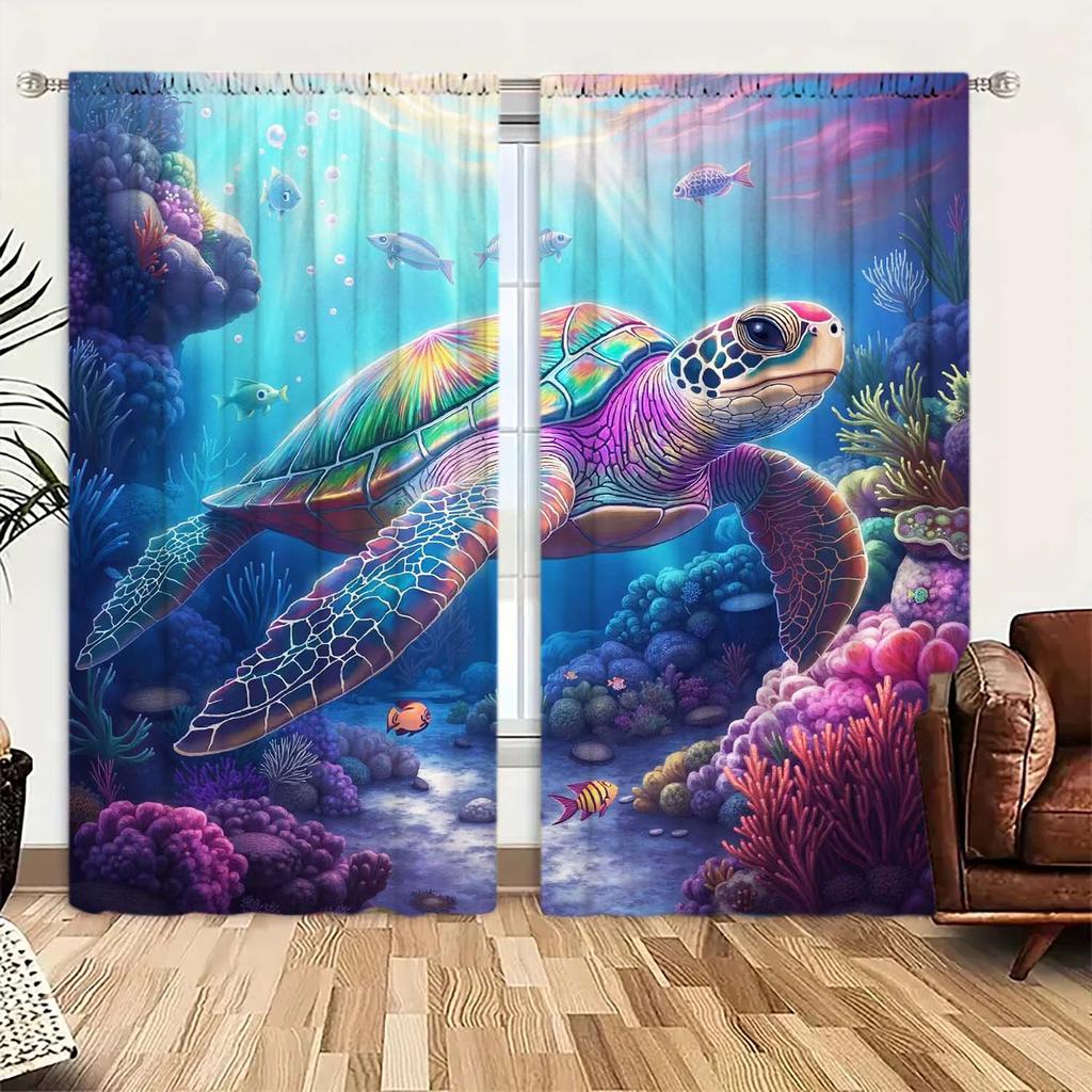 2 Panels Ocean World Turtle Pattern Window Curtains - Heat-insulating Suitable for Decorating Curtains in Various Rooms