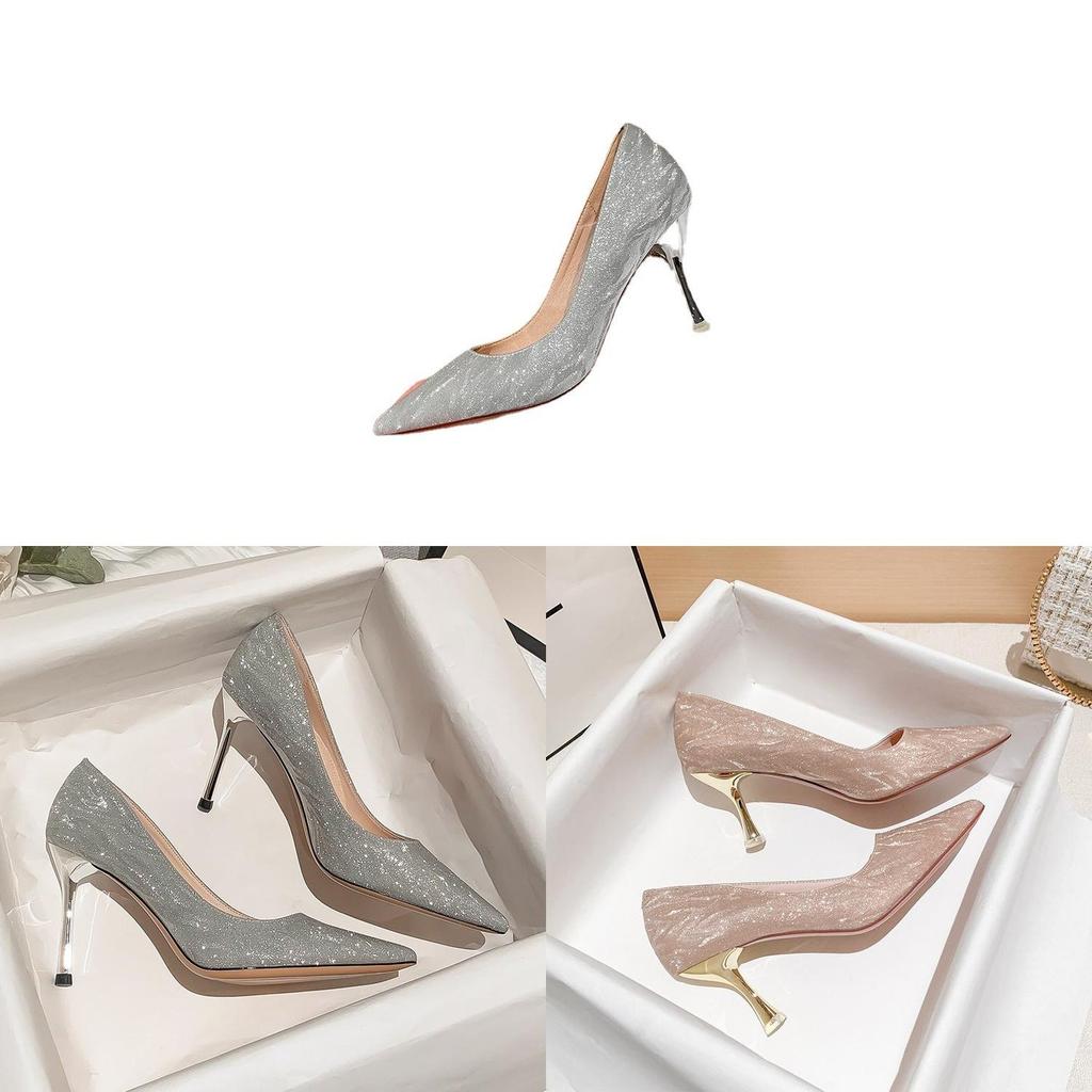High Heel Shoes For Women With Glittering Sequin Elegant Pointed Toe For Spring And Fall Events