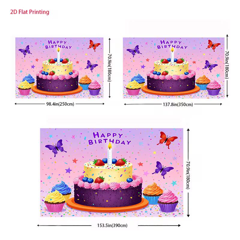 2D Happy Birthday Themed Backdrop, Cake, Cupcakes and Butterflies for Sweet Birthday Celebrations