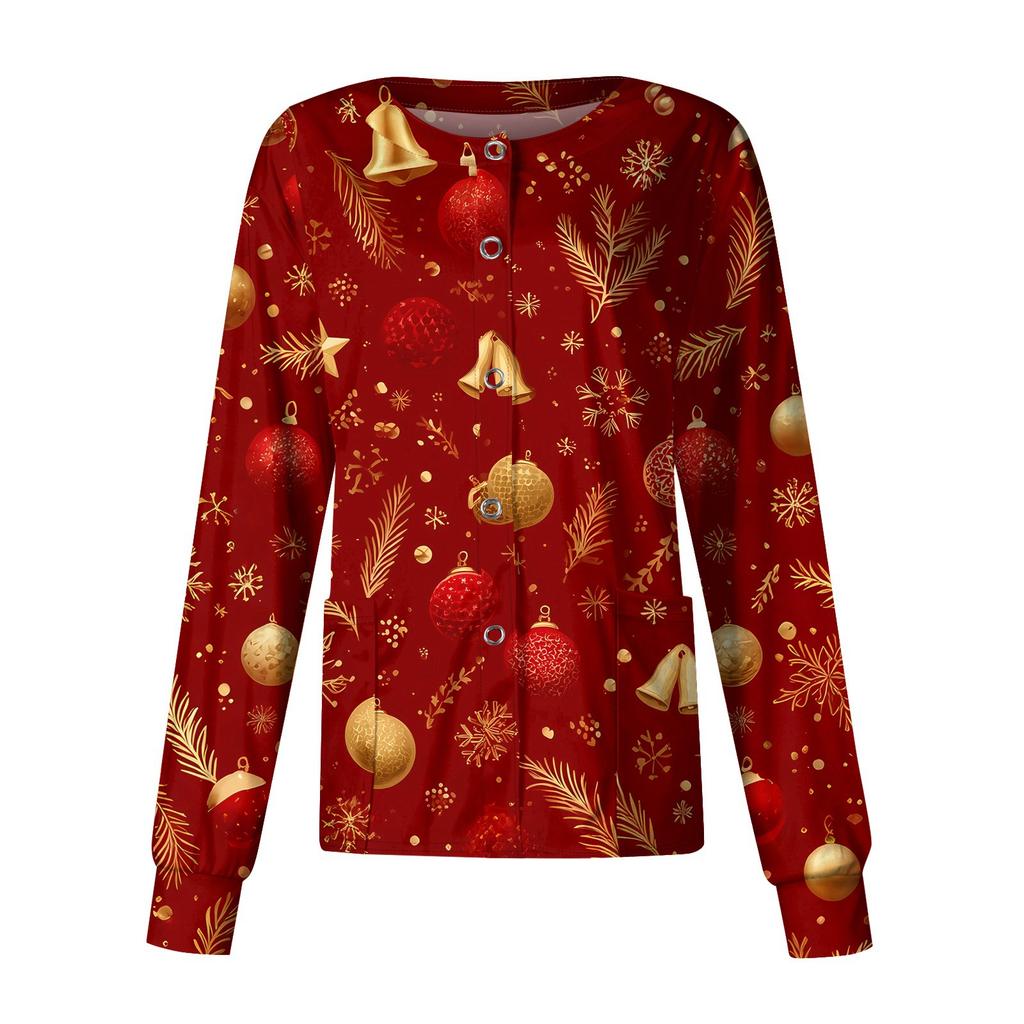 Women's Casual Long-sleeved Single-breasted Christmas Printed Protective Clothing Cardigan Top