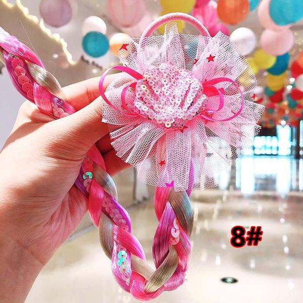 8 стилей, повязка для волос с мультяшным рисунком для девочек и красочным шиньоном, плетеный аксессуар для волос принцессы