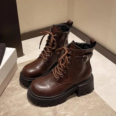 Модные женские ботильоны на толстой подошве, мотоциклетные ботинки, зимняя мода для девочек, на шнуровке, с толстым каблуком, с пряжкой на ремне, сохраняющая тепло обувь на платформе