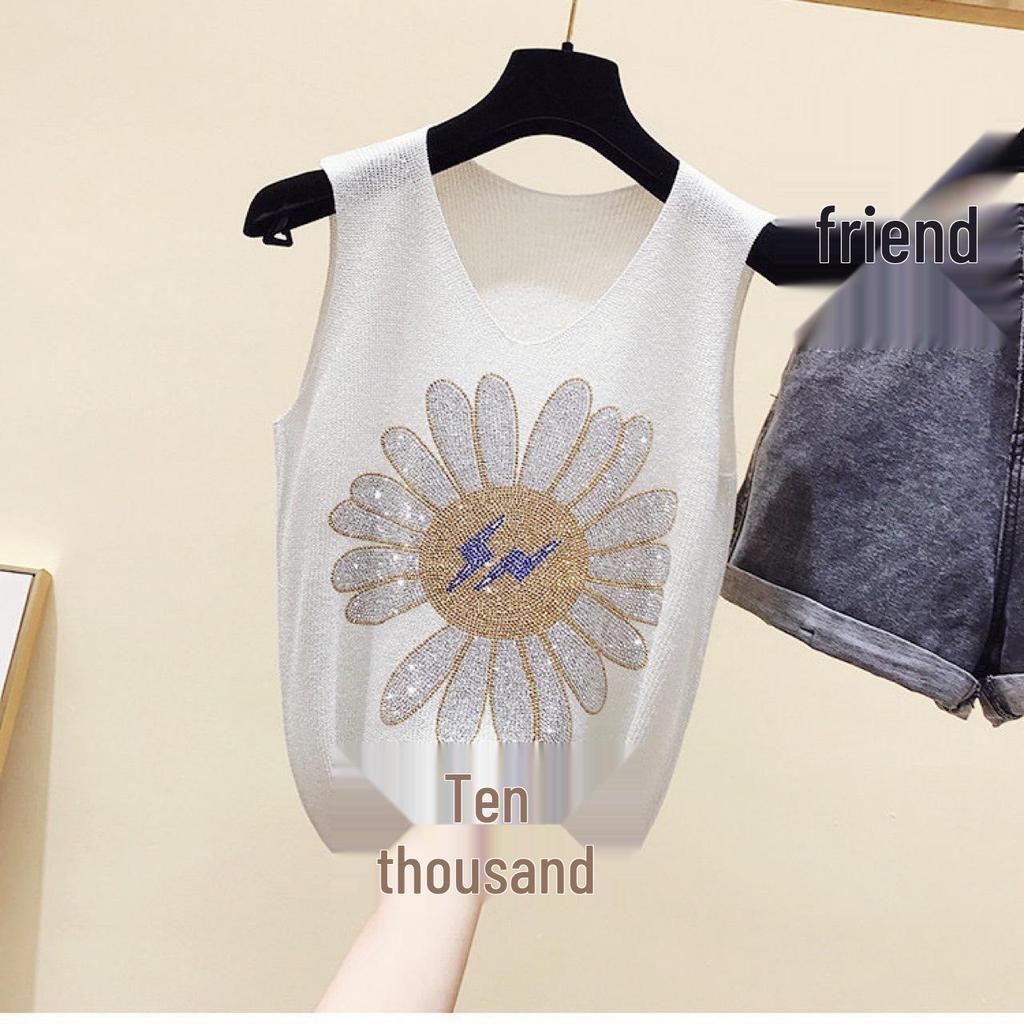 2023 Блестящий шелковый женский жилет без рукавов с V-образным вырезом - Новый стиль весна/лето, свободный крой с вязаным дизайном на бретелях с горячими бриллиантами