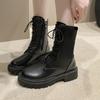 High Quality Ladies Brown Short Boots 2024 British Lace Up Women's Boots Autumn Winter New Non-slip Platform Motorcycle Boots