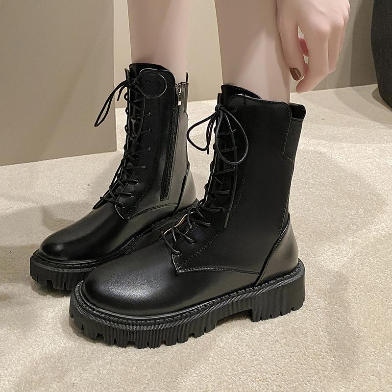 High Quality Ladies Brown Short Boots 2024 British Lace Up Women's Boots Autumn Winter New Non-slip Platform Motorcycle Boots