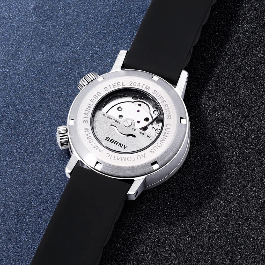 BERNY Watch Watch Автоматические механические часы для дайвинга Автоматические спортивные часы с силиконовым ремешком Водонепроницаемые 20ATM Сапфировое стекло Устойчиво к царапинам Супер