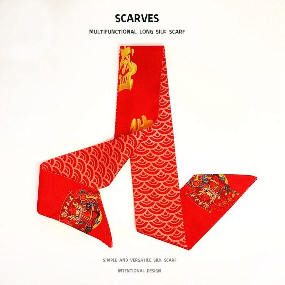 Printed New Year Red Silk Scarf New Year Scarves Scarf Hair Band Long Scarf New Year Decoration