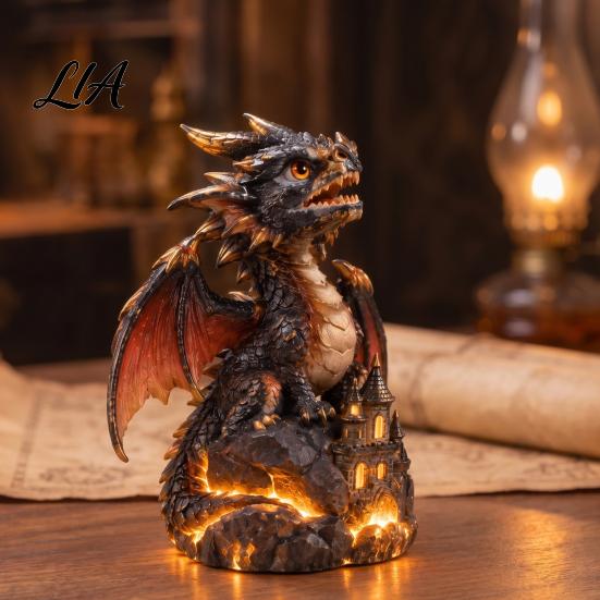 Miniature Dragon Figure Light Up Figurine, Resin Gothic Castle Statue, Decorative Mythical Creature Model Fantasy Ornament for Home, Office