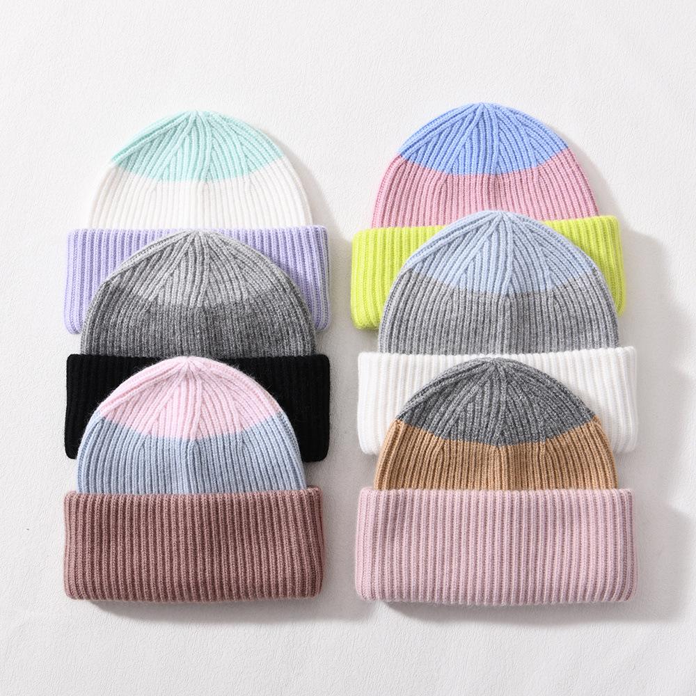 Color matching rabbit plush wool hat double-layer flipped brim versatile knitted hat warm autumn and winter fashion windproof striped hat women