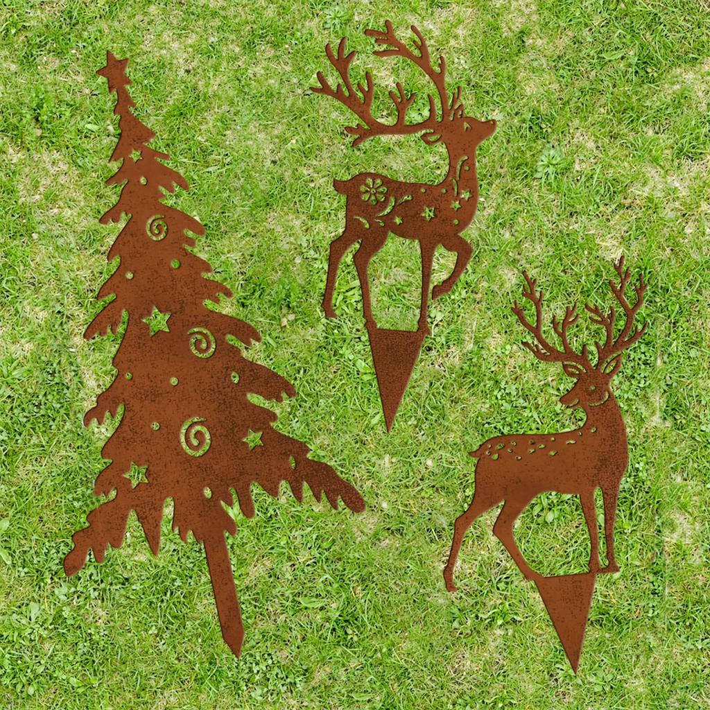 3-Piece Wrought Iron Christmas Tree and Deer Garden Decoration Stakes, Christmas Garden Decoration, Outdoor Courtyard Christmas Dec