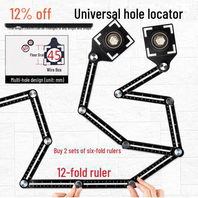 Universal 6-Fold Aluminum Alloy Ruler with Tile Hole Locator for Masonry, Tiling, Paving, Brick, Glass, and More.