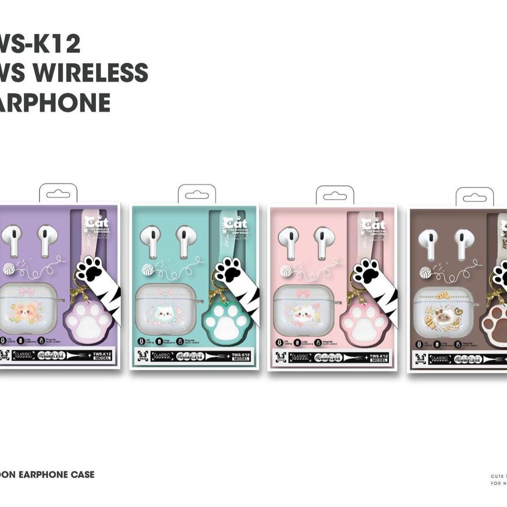 Милые Кошачьи Bluetooth-наушники TWS-K12 с Силиконовым Чехлом в Виде Кошачьей Лапки и Шнурком