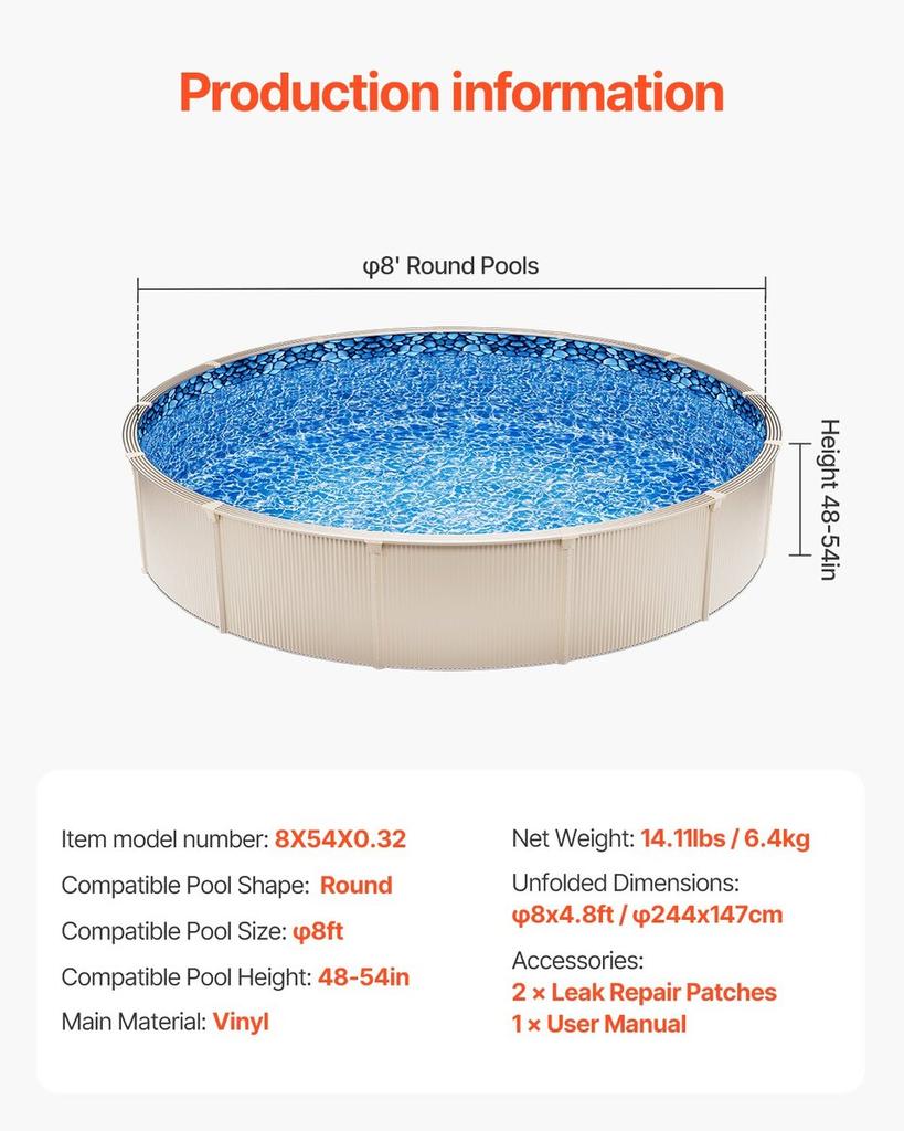 Round Pool Liner 8ft Overlap Style Pool Liner 54in Wall Height