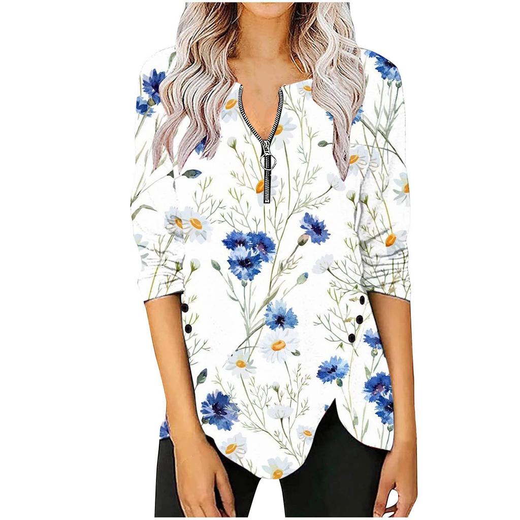 Women's Fashion Casual Long Sleeve Print Round Neck Pullover Top Blouse