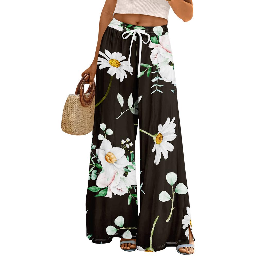 Women Summer Boho Palazzo Pants High Waist Wide Leg Rinting Casual Trousers With Pockets