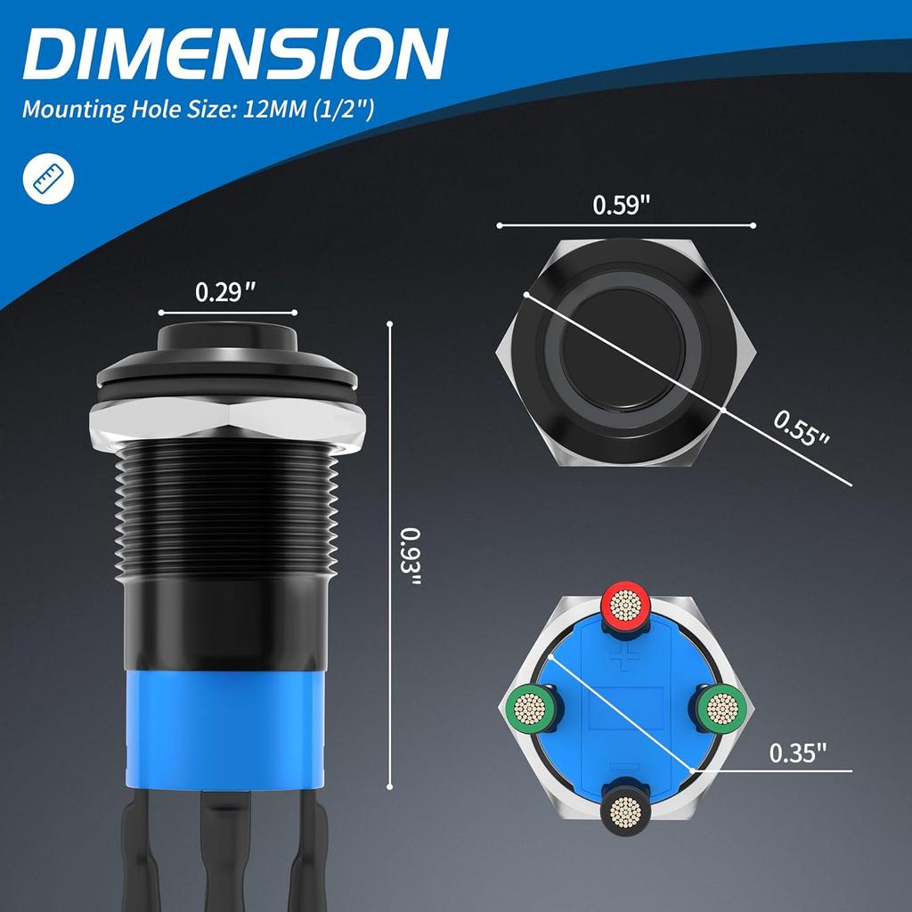 2 шт. 12 мм Кнопочный переключатель с фиксацией, предварительно подключенный, 150 мм высотой, круглая головка, алюминиевый сплав, 1 НЗ 1 нормально разомкнутый, с цветным светодиодом