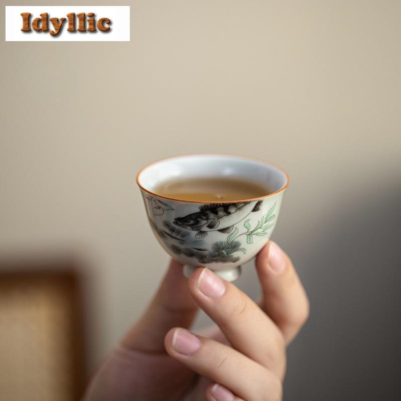 2pc/lot Ancient Blue Underglaze Colored Mandarin Fish Teacup Retro Tea Bowl Mug Tea-tasting Smelling Cup Chazhan Master Cup 40ml
