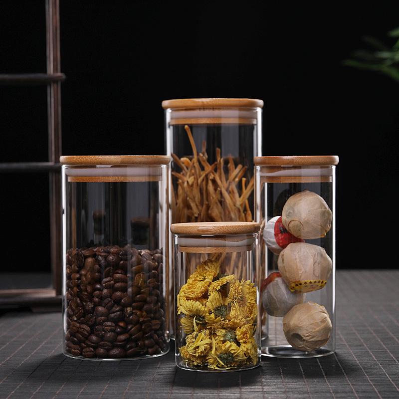 Round Borosilicate Glass Storage Jar with Bamboo Lid for Tea and Grains