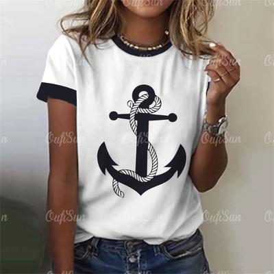 Женская футболка с принтом якоря, летние повседневные футболки с короткими рукавами и 3d футболками, уличная одежда, пуловер с круглым вырезом, женская одежда большого размера