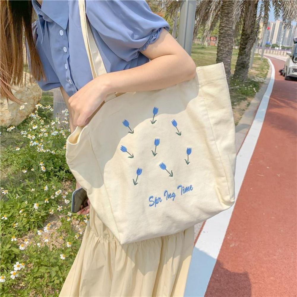 Canvas Cosmetic Storage Organizer Flower Printed Storage Pouch Casual Women's Shopping Bag Student