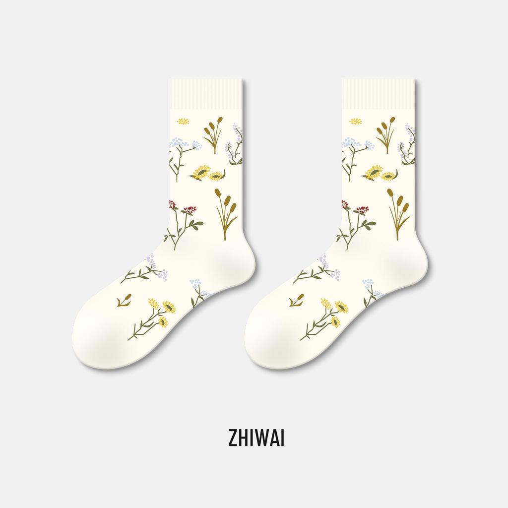 Женские носки до середины икры с цветочным принтом и бантом - 5 пар, ретро и трендовый дизайн в стиле колор-блок