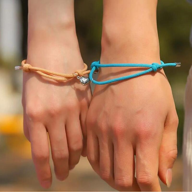 Магнитный браслет из 2 предметов, две половинки подвески в виде сердца, парные браслеты для влюбленных, регулируемая плетеная веревка для дружбы