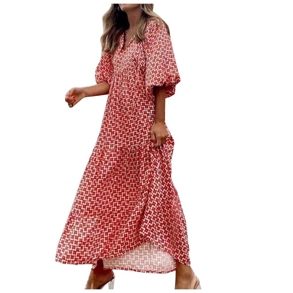 Women's Summer Casual Fashion Geometric Print Neckline Lace-up Bubble Middle-sleeves Ruffle Stitching Big Swing Long Losse Dress