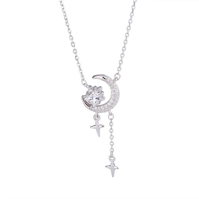 Sterling Star Moon Necklace Women Luxury Four-pointed Tassel Clavicle Chain Minimalist Design