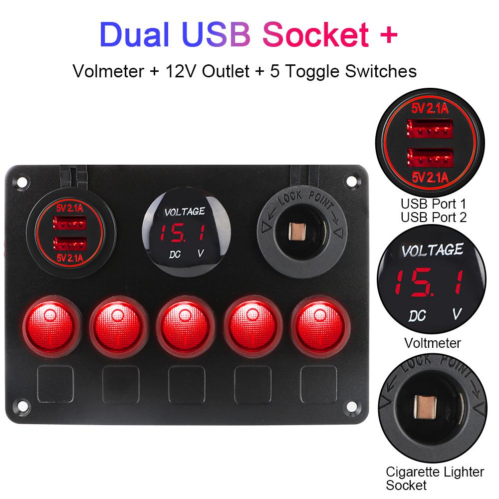 Цифровой вольтметр с двумя портами USB, 5-клавишный светодиодный тумблер, автомобильная панель переключателей для морского автомобиля, грузовика, судна, розетка 12 В