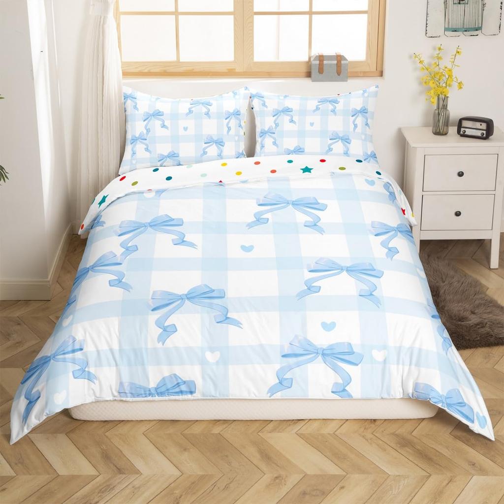 Cute Kawaii Bowknot Kids Duvet Cover Geometric Plaid Butterfly Knot Quilt Cover For Girls Teen Women Adults 3 Pcs No Quilt