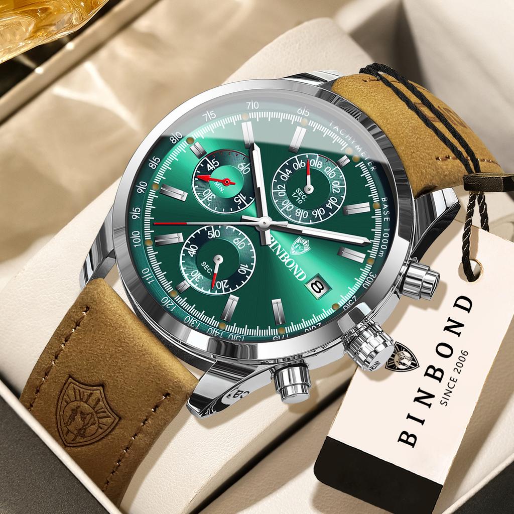 BINBOND Original Brand Quartz Wristwatches for Men Luxury Luminous Waterproof Auto Date Chronograph Men's Watch Leather Reloj
