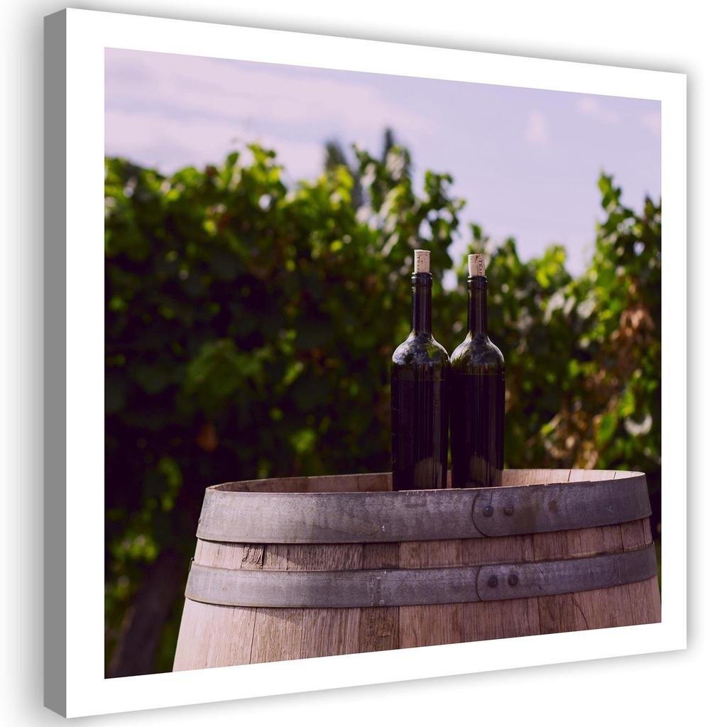 Canvas Print, Wine Bottles and Wooden Barrel