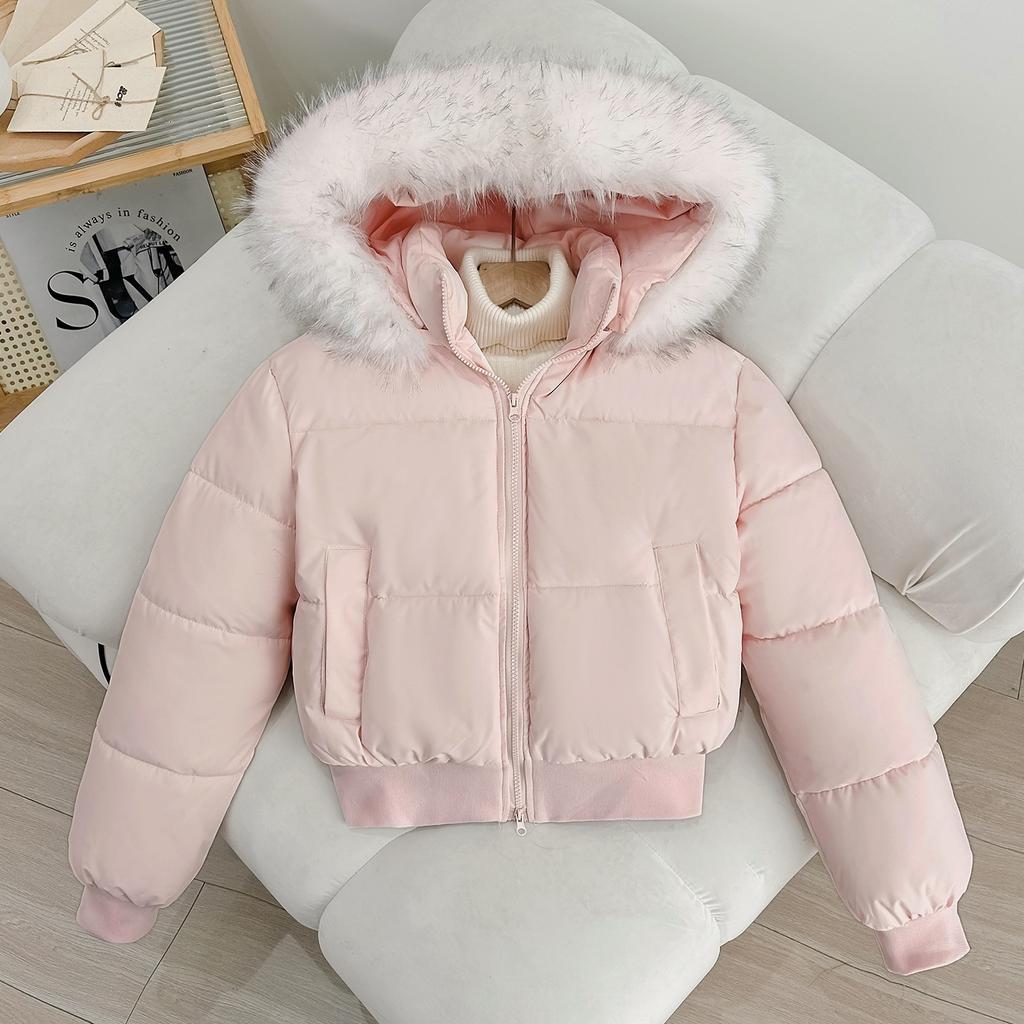 Hooded fur collar waist to keep warm, new winter short style feels big, thickened cotton-padded jacket, women's European cotton-padded jacket