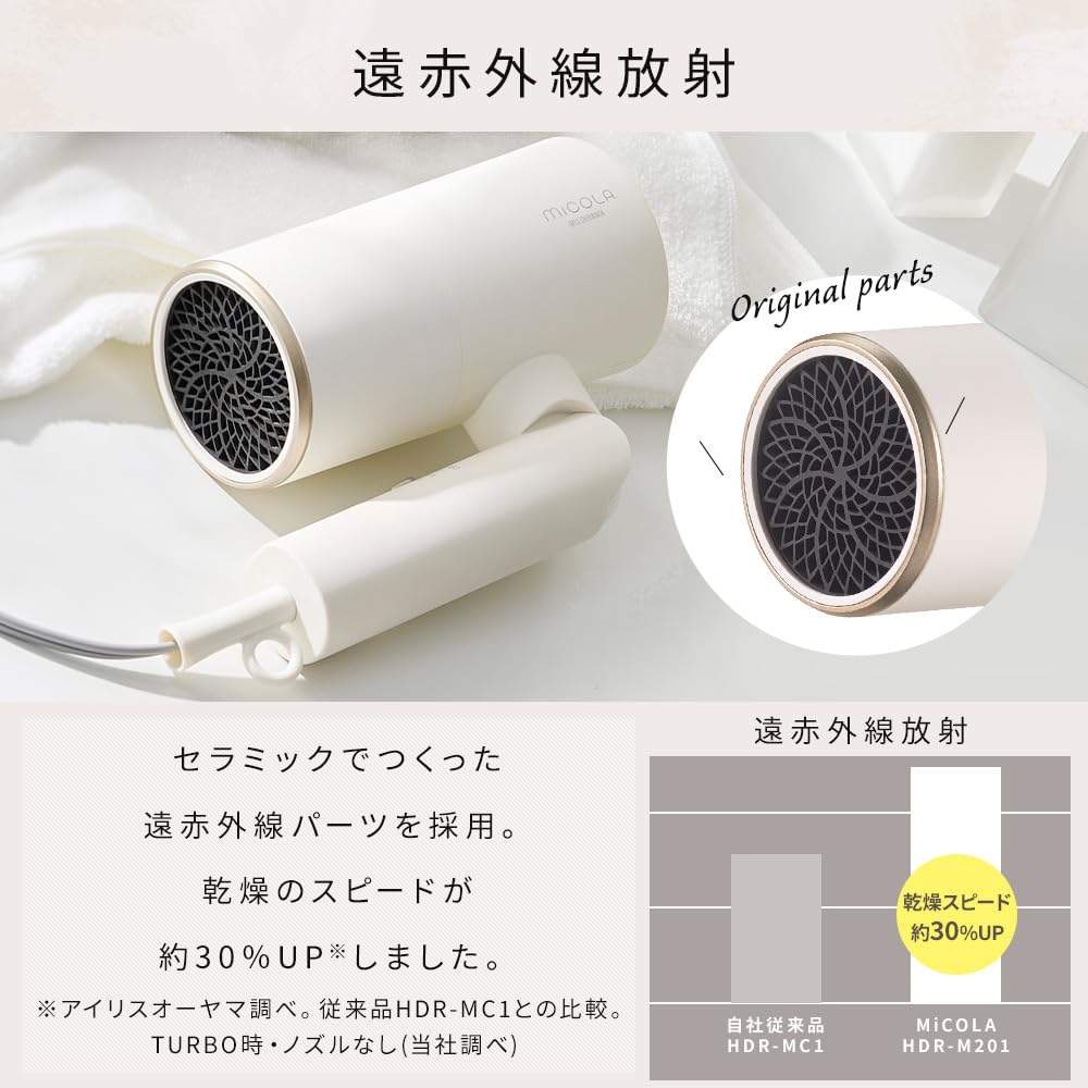 IRIS OHYAMA MiCOLA Hair Dryer with Far Infrared, Fast Drying, High Airflow, and Ionic Dryer with Attachment (HDR-M201-T, Mocha)