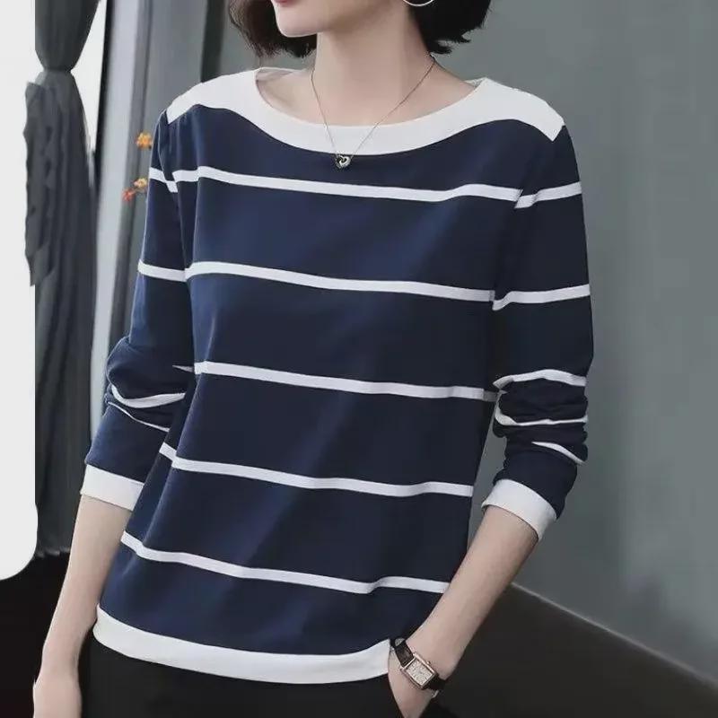 Women's Blue & White Striped Long-Sleeve Loose T-Shirt, Slim Fit, 2025 Spring/Autumn Collection, Large Size.