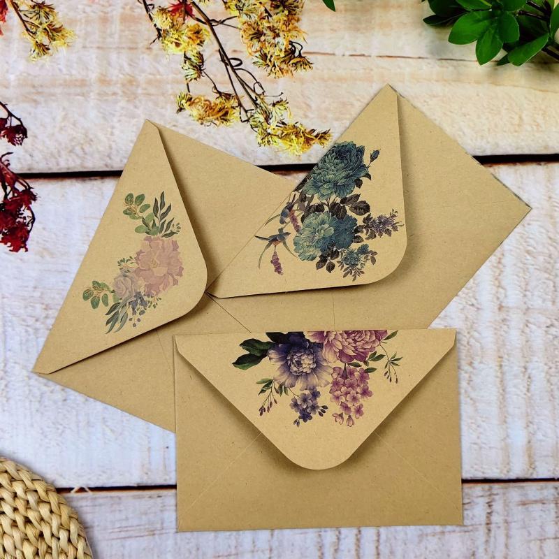10pcs Floral Thank You Envelopes kraft paper Blank Purple Blue Flower Envelopes for Wedding, Bridal Shower Birthday Baby Shower