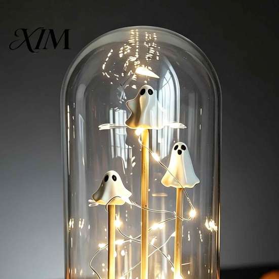 Scary Lighted Sculpture Halloween Indoor Light Up Ghost in Dome Cloche, Cute 3 Mini Figurine Decorative Night with Warm LED for Party Home Table
