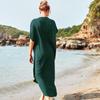 Summer New Cotton Indie Folk Bikini Blouse V-Neck Embroidered Side Slit Loose Beach Long Dress Women's Swimwear Blouse Q660