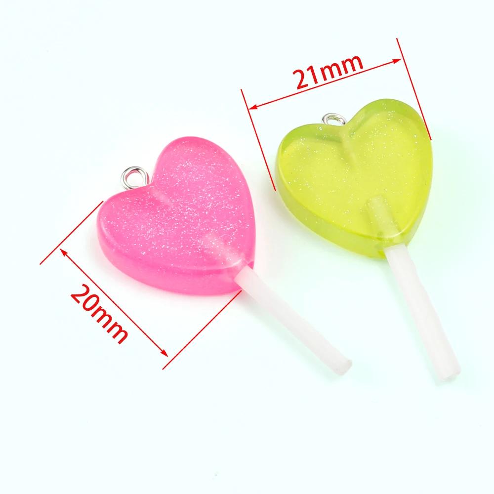 10PCS Glitter Hearts Shape Lollipop Resin Pendants Cute Candy Charms for Jewelry Making Supplies Diy Earings Keychain Findings