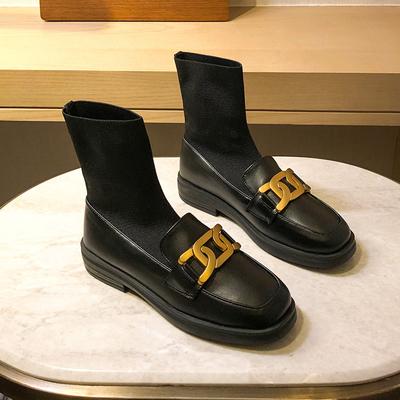 Эластичный трикотаж и кожаная лоскутная работа Женские ботильоны Бренд Металлические цепочки Botas Mujer 41-43 Большой размер Женские тонкие носки Ботильоны