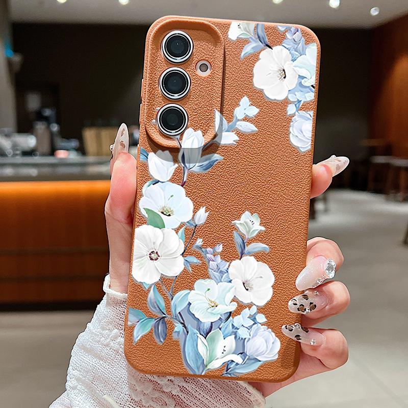 Матовый чехол для телефона с цветочным узором и текстурой из кожи для Samsung S25 Ultra S24 FE S23 S22 A36 A56 A16 A55 A26 A15 A35, тонкий противоударный мягкий чехол-накладка из ТПУ